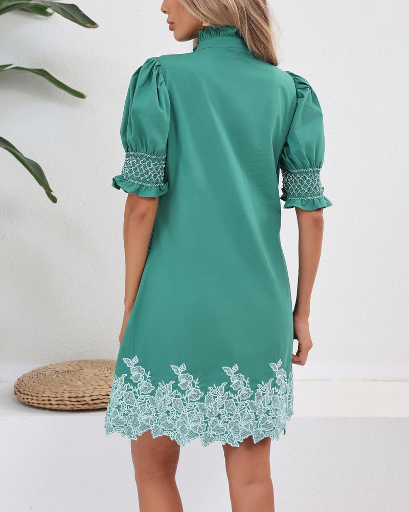 YEXPINE Women's Summer Embroidered Mini Dress Short Puff Sleeve Ruffle Collar Button Front Shift Dress Green - Image 4