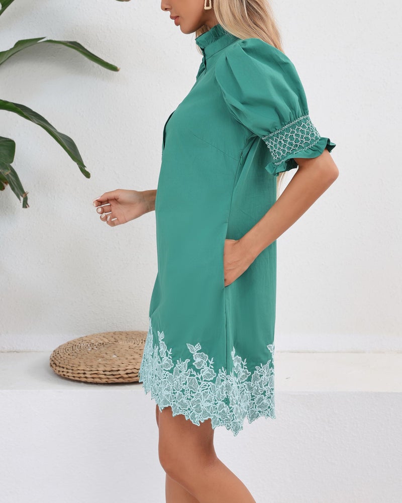 YEXPINE Women's Summer Embroidered Mini Dress Short Puff Sleeve Ruffle Collar Button Front Shift Dress Green - Image 3