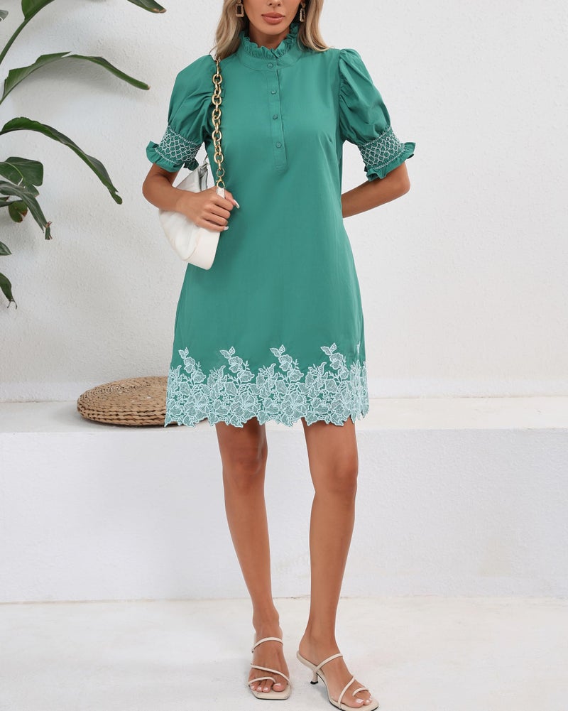 YEXPINE Women's Summer Embroidered Mini Dress Short Puff Sleeve Ruffle Collar Button Front Shift Dress Green - Image 2