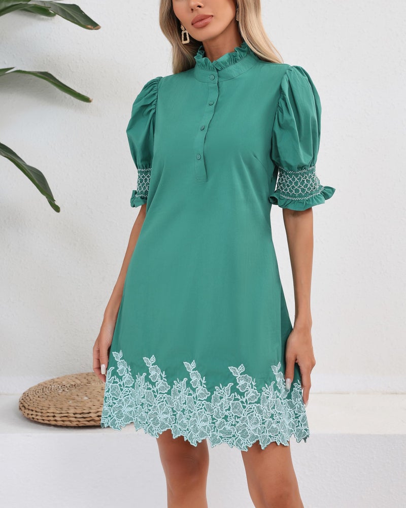 YEXPINE Women's Summer Embroidered Mini Dress Short Puff Sleeve Ruffle Collar Button Front Shift Dress Green - Image 5