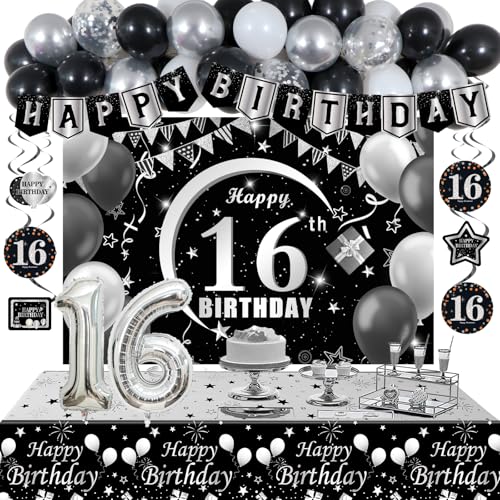 Halema 16th Birthday Decorations for Boys Girls Black and Silver Sweet 16 Year Old Party Decorations with Happy 16th Birthday Banner Balloons 16 Balloon Numbers Backdrop Tablecloth Sixteen Decor Supplies - Image 1