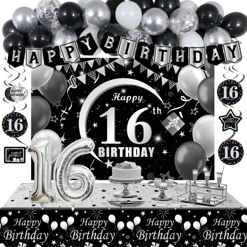 Halema 16th Birthday Decorations for Boys Girls Black and Silver Sweet 16 Year Old Party Decorations with Happy 16th Birthday Banner Balloons 16 Balloon Numbers Backdrop Tablecloth Sixteen Decor Supplies - Image 3