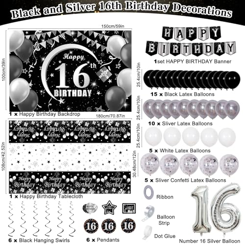 Halema 16th Birthday Decorations for Boys Girls Black and Silver Sweet 16 Year Old Party Decorations with Happy 16th Birthday Banner Balloons 16 Balloon Numbers Backdrop Tablecloth Sixteen Decor Supplies - Image 5