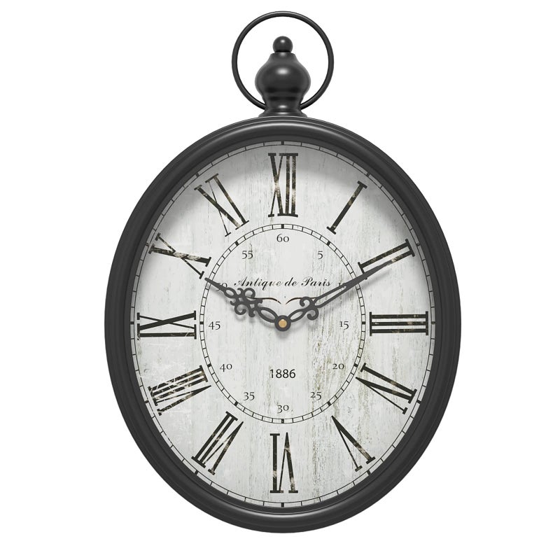 Menterry Oval Retro Wall Clock Rustic Vintage Style Black Antique Design Battery Operated Silent Decor Large Wall Clocks for KitchenFarmhouseOffice 155 H x 105 W