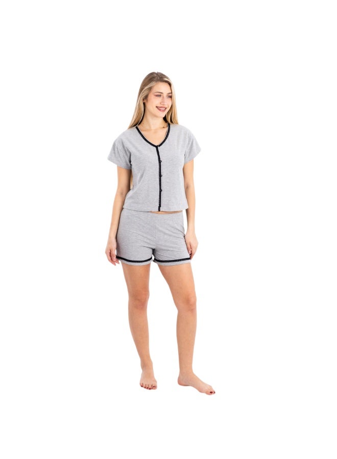 zecotex Women's 2-Piece Soft Cotton Pajama Set - Lace-Trimmed V-Neck Top & Shorts - Grey Melange.