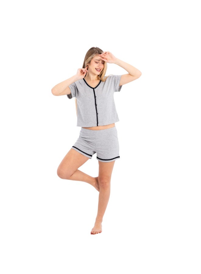 zecotex  Women's 2-Piece Soft Cotton Pajama Set - Lace-Trimmed V-Neck Top & Shorts - Grey Melange. - Image 4