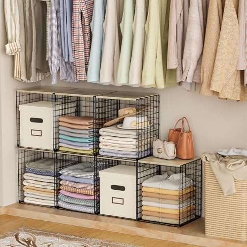 Hencawima Taller Closet Organizers and Storage with Wood Top, Set of 3 Stackable Wire Storage Bins for Clothes, Bags, Towels, Double Storage Design, Sturdy Metal Cube Shelf Organizer for Closet Wardrobe, Black - Image 4