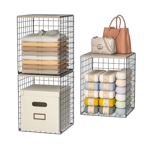 Hencawima Taller Closet Organizers and Storage with Wood Top, Set of 3 Stackable Wire Storage Bins for Clothes, Bags, Towels, Double Storage Design, Sturdy Metal Cube Shelf Organizer for Closet Wardrobe, Black - Image 1