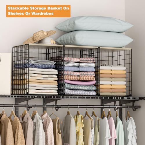 Hencawima Taller Closet Organizers and Storage with Wood Top, Set of 3 Stackable Wire Storage Bins for Clothes, Bags, Towels, Double Storage Design, Sturdy Metal Cube Shelf Organizer for Closet Wardrobe, Black - Image 2