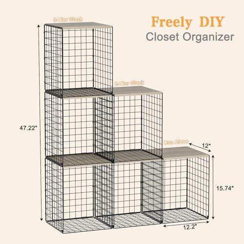 Hencawima Taller Closet Organizers and Storage with Wood Top, Set of 3 Stackable Wire Storage Bins for Clothes, Bags, Towels, Double Storage Design, Sturdy Metal Cube Shelf Organizer for Closet Wardrobe, Black - Image 3