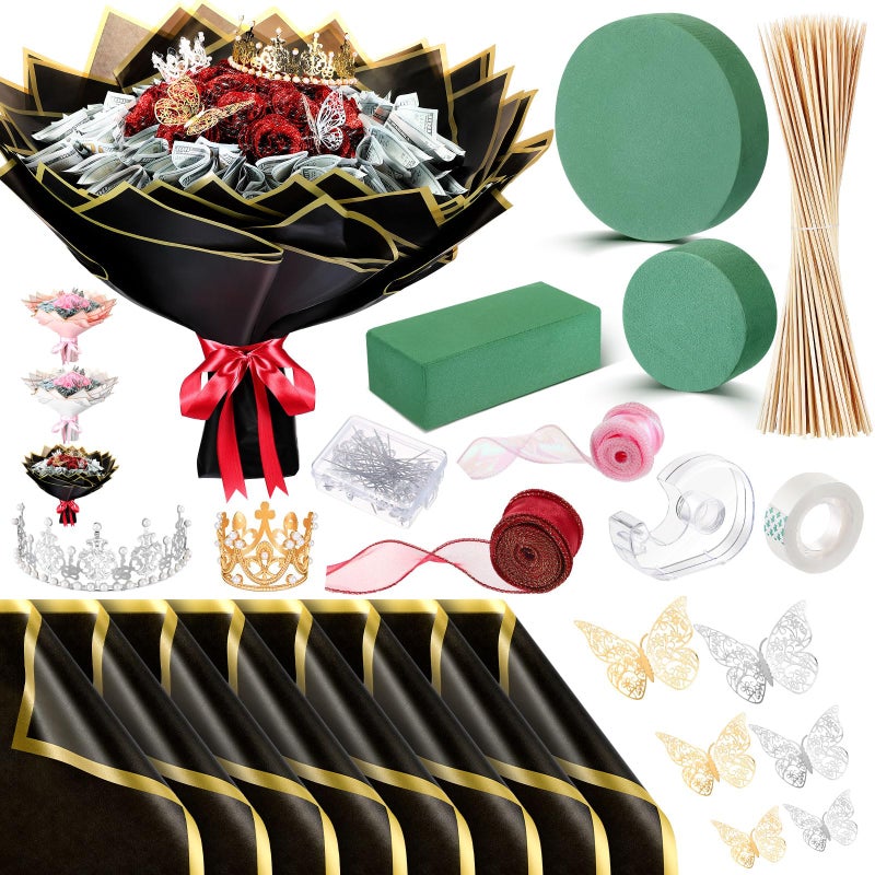 XunYee Bouquet Kit 20 Sheet Flower Wrapping Paper 100 Pcs Bamboo Skewers Floral Foam Blocks for Anniversary Birthday Gift Graduation Mothers DayBlack - Image 2