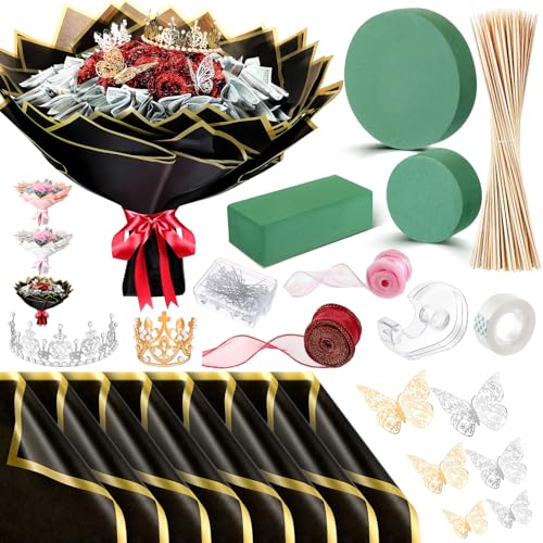 XunYee Bouquet Kit 20 Sheet Flower Wrapping Paper 100 Pcs Bamboo Skewers Floral Foam Blocks for Anniversary Birthday Gift Graduation Mothers DayBlack - Image 1