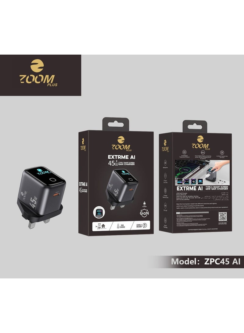 ZOOM PLUS EXTREME AI 45W GaN Charger with Smart Screen – Type-C Fast Charging Adapter, AI Power Detection, Compact UK Plug Wall Charger for iPhone, Samsung, Tablets & Laptops – Model ZPC45 AI - Image 4