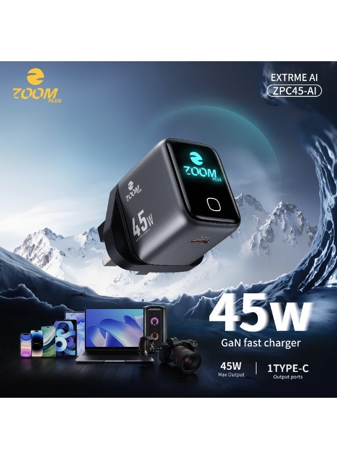 ZOOM PLUS EXTREME AI 45W GaN Charger with Smart Screen – Type-C Fast Charging Adapter, AI Power Detection, Compact UK Plug Wall Charger for iPhone, Samsung, Tablets & Laptops – Model ZPC45 AI - Image 1