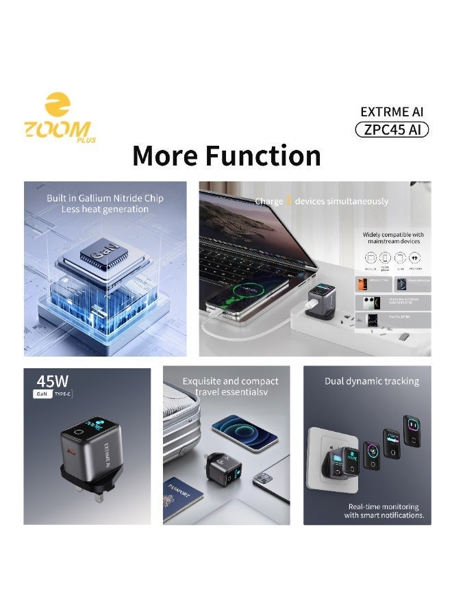ZOOM PLUS EXTREME AI 45W GaN Charger with Smart Screen – Type-C Fast Charging Adapter, AI Power Detection, Compact UK Plug Wall Charger for iPhone, Samsung, Tablets & Laptops – Model ZPC45 AI - Image 3