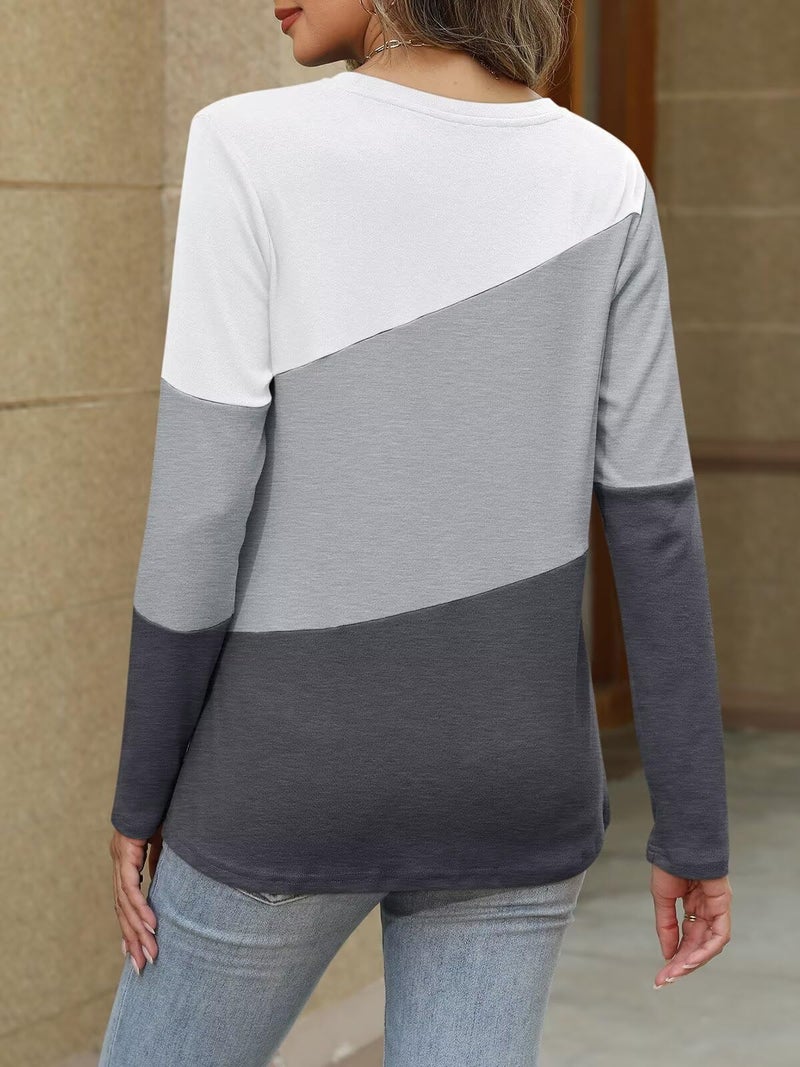 ORANDESIGNE Women's Color Block Long Sleeve Tunics Tops Casual Round Neck Loose Shirts Blouses - Image 2