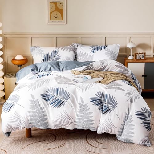 OAITE Duvet Cover Set100 Cotton Comforter Cover with Leaf Pattern Duvet Cover SetSoft Bedding Set Includes with 3 Piece 2 Pillow Shams1 Duvet Cover
