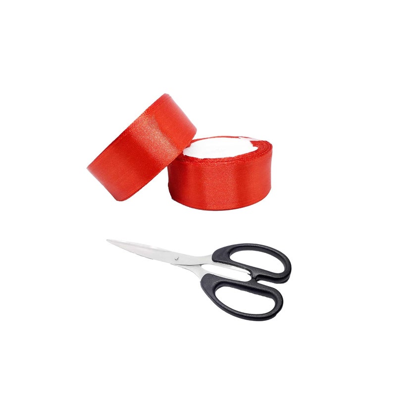 Craftolive Red Shiny Satin Ribbon and Scissor Combo for Inaugurations Mahurat Openings Grah Pravesh Gift Wrapping and Multipurpose Use - Image 1