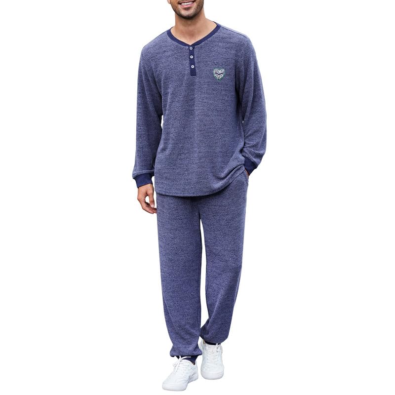 U2SKIIN Mens Henley Collar Pajama Set Long Sleeve Pajamas for Men loungewear Casual Sleepwear Pjs Set(Navy Mel., L)