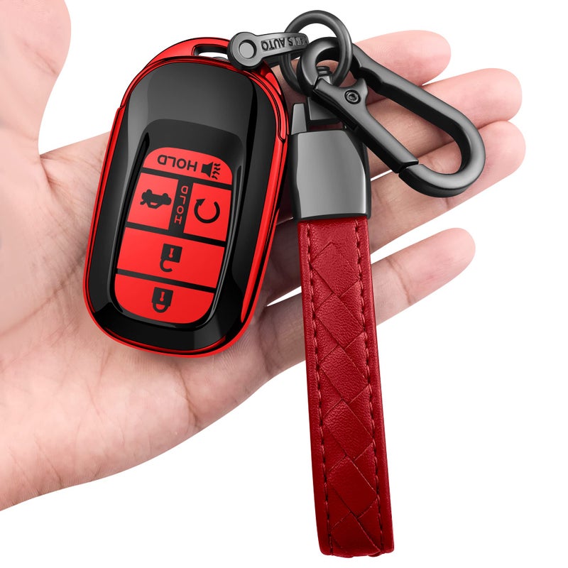 Sindeda for Honda Key fob Cover with Leather Keychain Soft TPU Full Cover Protectionfor 2022 2023 2024 2025 Civic Accord HRV Pilot CRV5Buttons Key Fob ShellRed