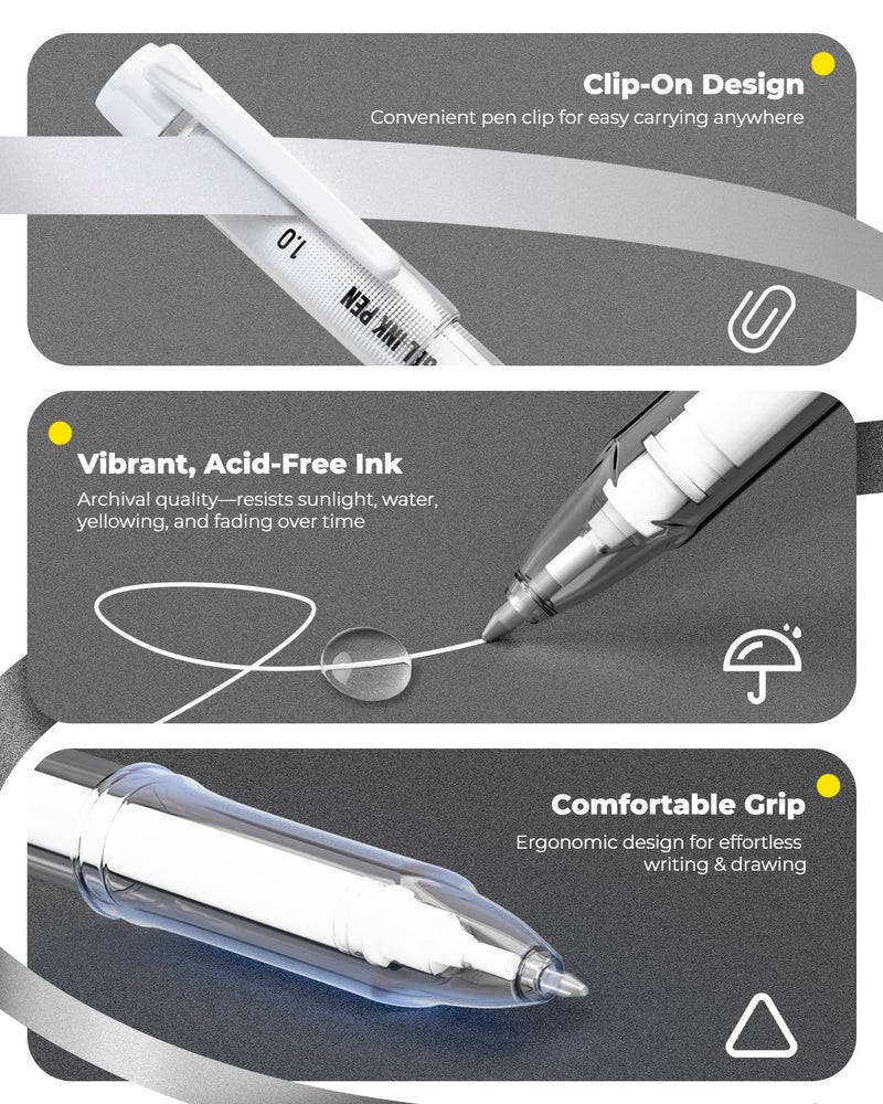 JusArt White Pen, Gold Pens & Silver Pen with 0.4mm, 0.5mm & 1.0mm Assorted Tips, Opaque Ink Pens for Black Paper, Journaling & DIY Crafts, Ideal Drawing Pens for Artists & Art Supplies, 5 Pack - Image 4