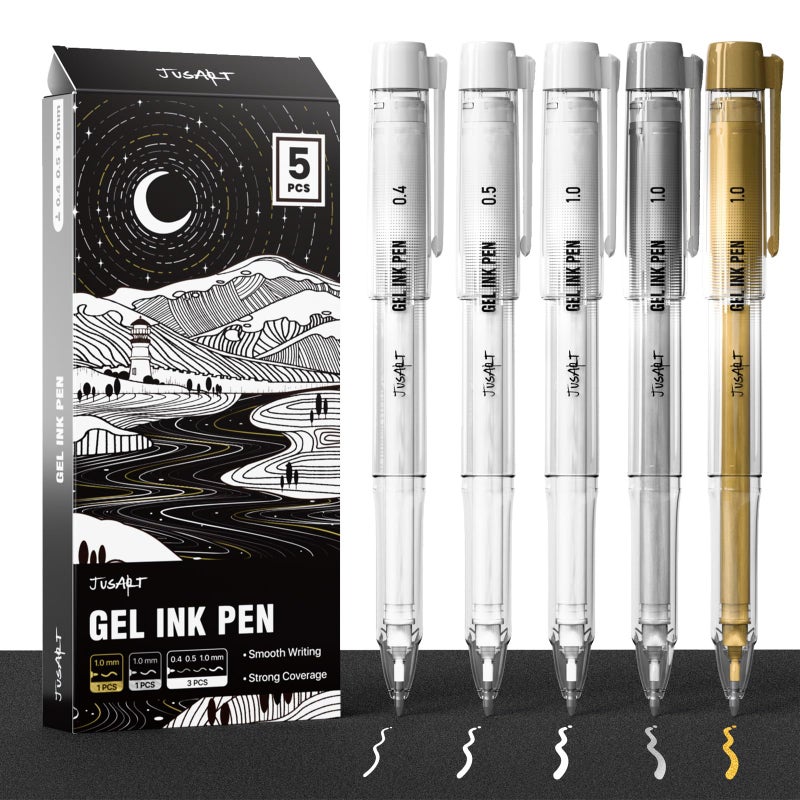 JusArt White Pen, Gold Pens & Silver Pen with 0.4mm, 0.5mm & 1.0mm Assorted Tips, Opaque Ink Pens for Black Paper, Journaling & DIY Crafts, Ideal Drawing Pens for Artists & Art Supplies, 5 Pack - Image 1