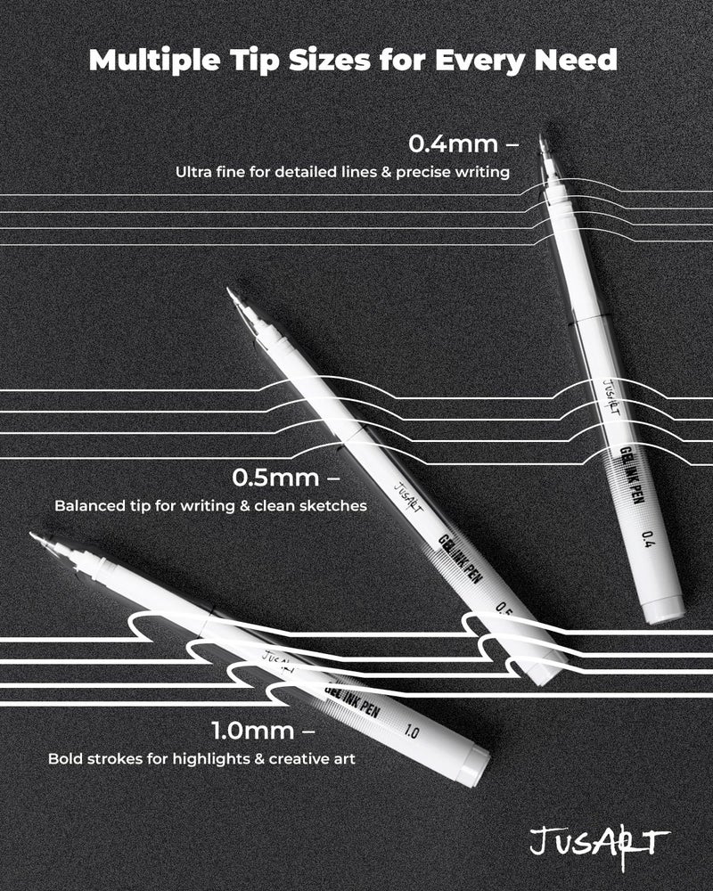 JusArt White Pen, Gold Pens & Silver Pen with 0.4mm, 0.5mm & 1.0mm Assorted Tips, Opaque Ink Pens for Black Paper, Journaling & DIY Crafts, Ideal Drawing Pens for Artists & Art Supplies, 5 Pack - Image 2