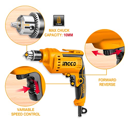 INGCO Electric Drill, 500W and 3300RPM Power Drill, Corded, 1.0-10 Millimeters Chuck Capacity, Variable Speed, Forward/Reverse Switch, Yellow - Image 2