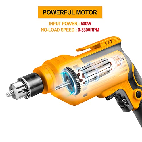 INGCO Electric Drill, 500W and 3300RPM Power Drill, Corded, 1.0-10 Millimeters Chuck Capacity, Variable Speed, Forward/Reverse Switch, Yellow - Image 5