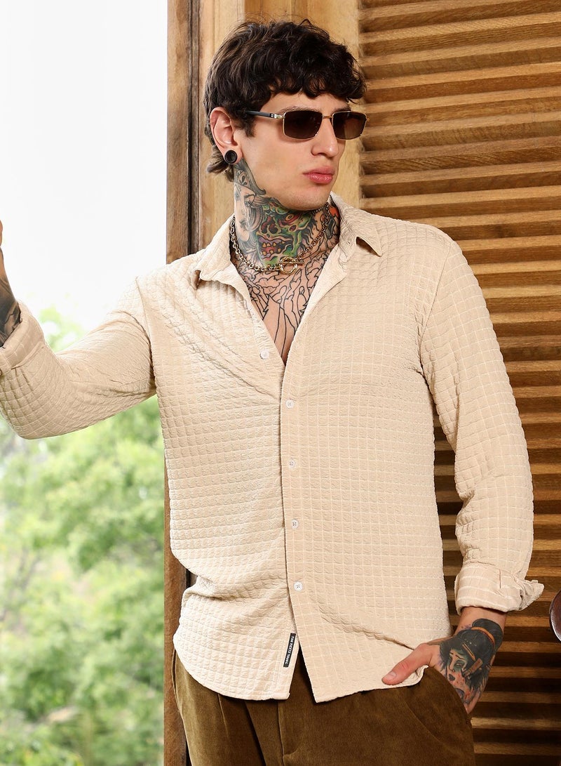 Campus Sutra Men's Ecru Beige Cube-Textured Shirt For Casual Wear | Spread Collar | Long Cuffed Sleeves | Button Closure | Shirt Crafted With Comfort Fit For Everyday Wear - Image 1