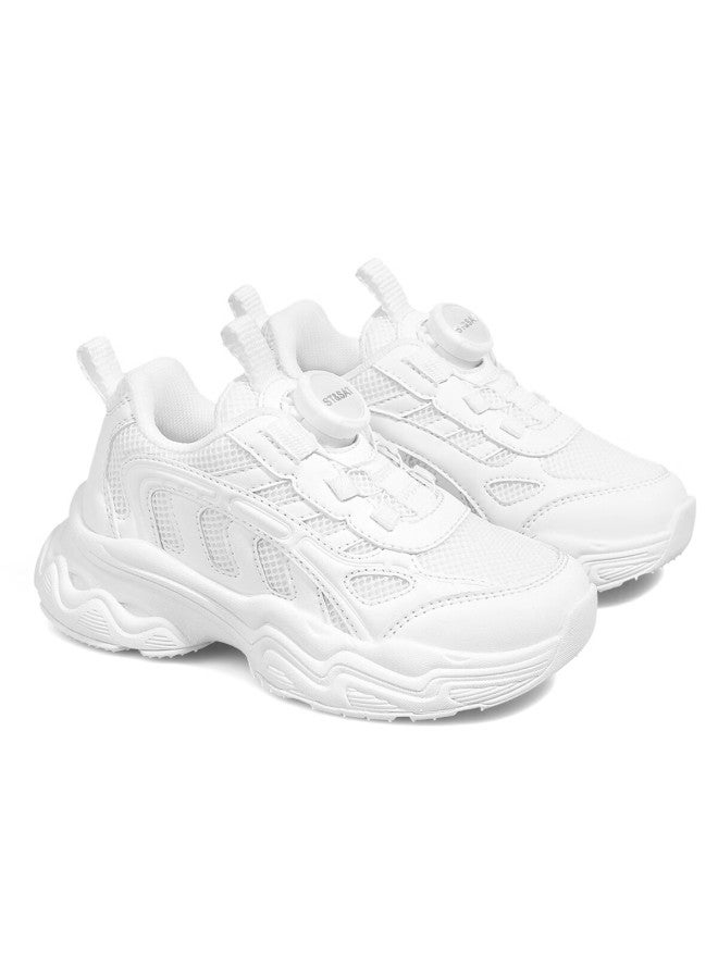 St&sat Boys' Sports Shoes Children's White Shoes Running Shoes Girls' Mesh Breathable Rotating Buckle Gardenia White - Image 4