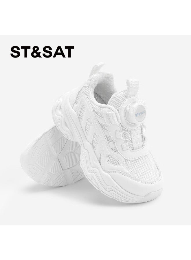 St&sat Boys' Sports Shoes Children's White Shoes Running Shoes Girls' Mesh Breathable Rotating Buckle Gardenia White - Image 3