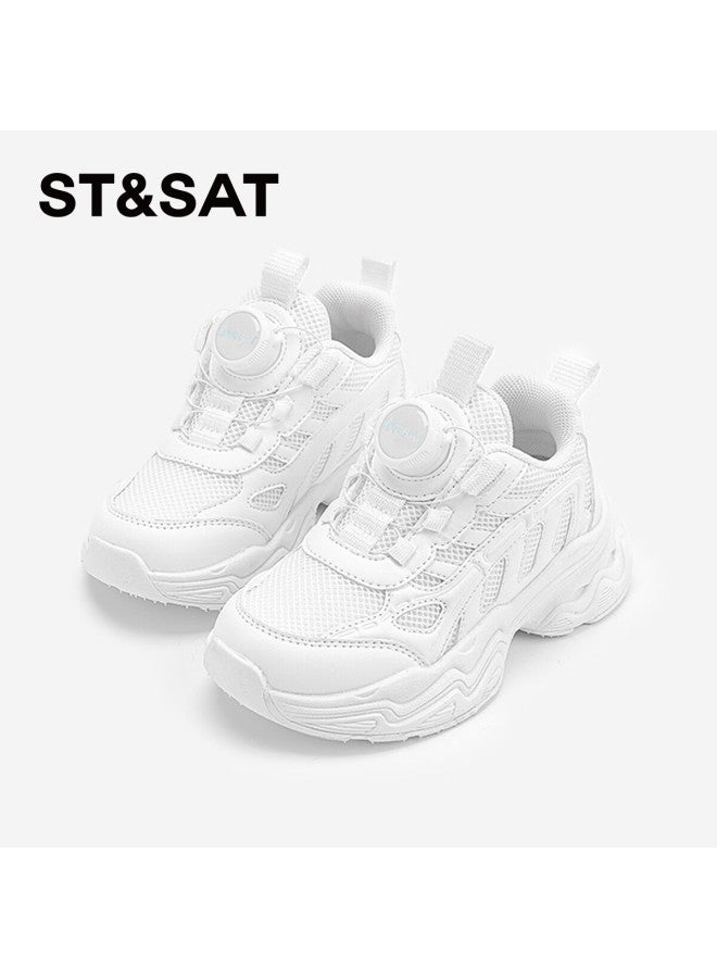 St&sat Boys' Sports Shoes Children's White Shoes Running Shoes Girls' Mesh Breathable Rotating Buckle Gardenia White - Image 2