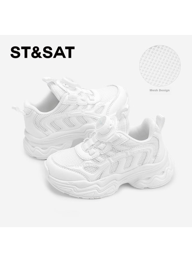 St&sat Boys' Sports Shoes Children's White Shoes Running Shoes Girls' Mesh Breathable Rotating Buckle Gardenia White - Image 1