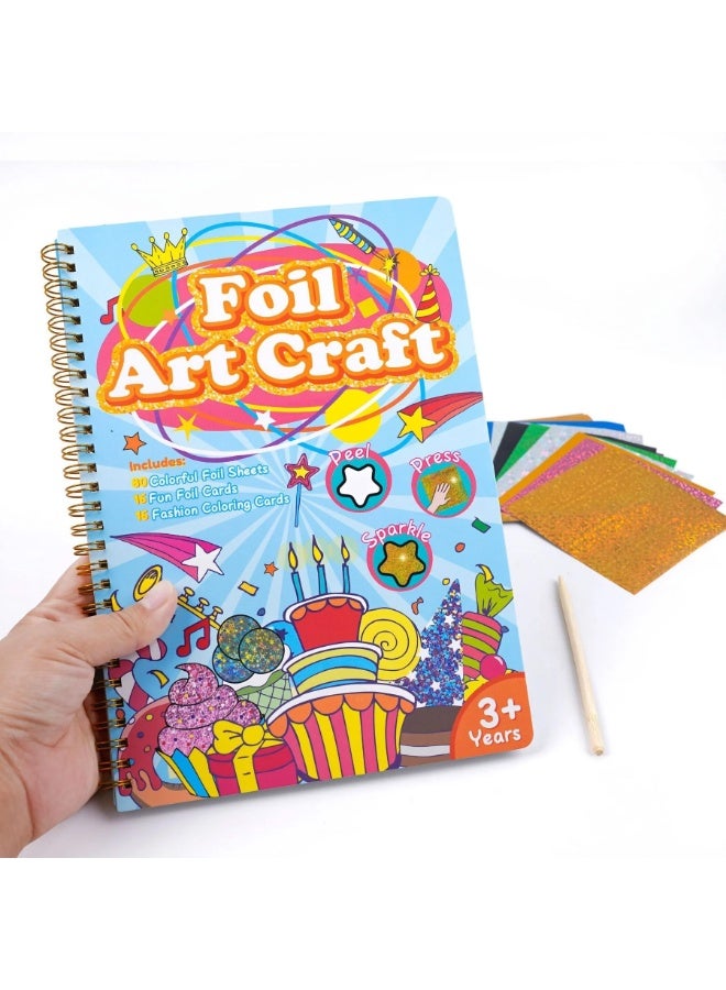 Capstro Foil Art Craft Sticker Book – Birthday Magic Art Album | 16 Foil & 16 Coloring Pages + 80 Foil Sheets & Bamboo Stick | DIY Foil Art Book for Kids Age 3+ | Creative Party Craft Gift for Boys & Girls - Image 3