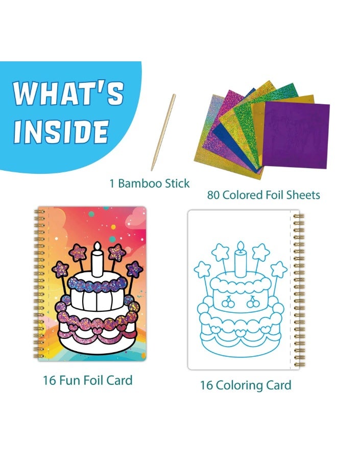 Capstro Foil Art Craft Sticker Book – Birthday Magic Art Album | 16 Foil & 16 Coloring Pages + 80 Foil Sheets & Bamboo Stick | DIY Foil Art Book for Kids Age 3+ | Creative Party Craft Gift for Boys & Girls - Image 2