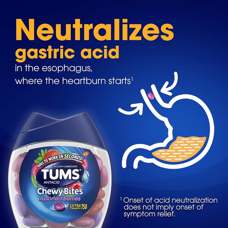 TUMS أقراص تومس القابلة للمضغ لعلاج حرقة المعدة وعسر الهضم بنكهة التوت المت assorted 60 حبة - Image 4