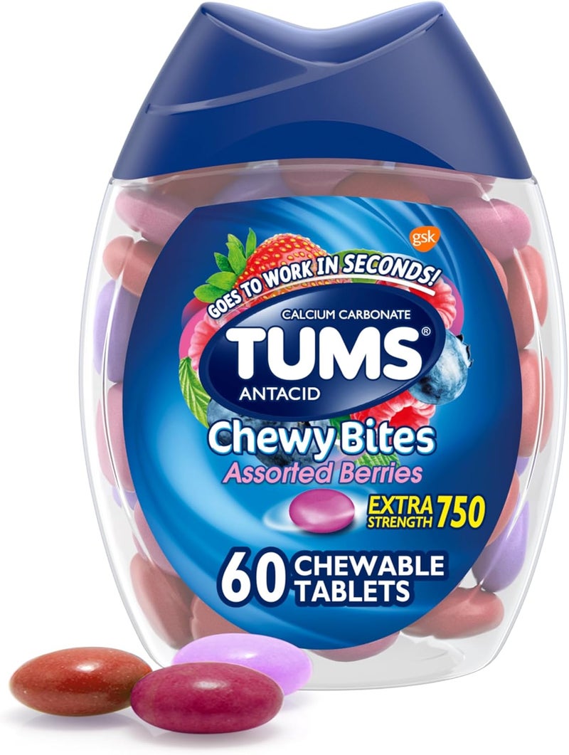 TUMS أقراص تومس القابلة للمضغ لعلاج حرقة المعدة وعسر الهضم بنكهة التوت المت assorted 60 حبة - Image 1