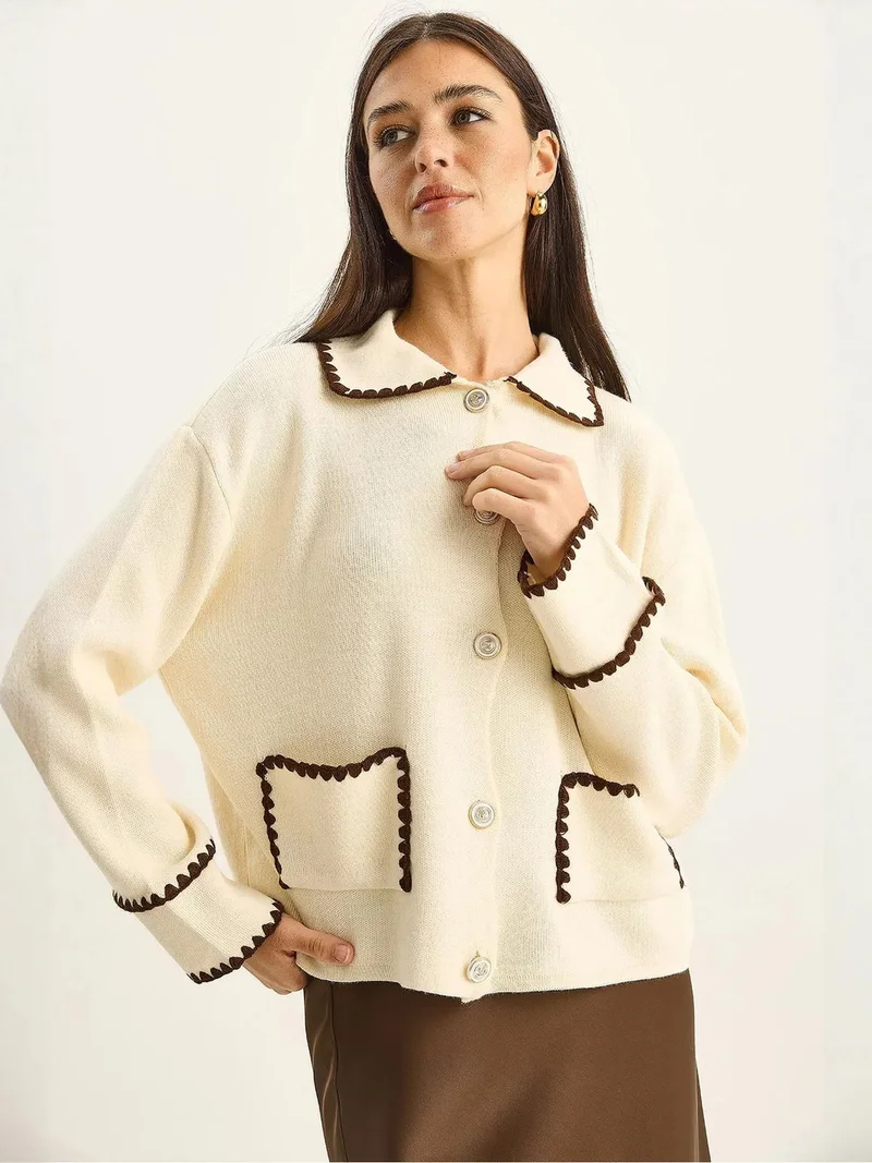 LUCCI Ribbed Long Sleeve Buttoned Cardigan with Jacket Collar