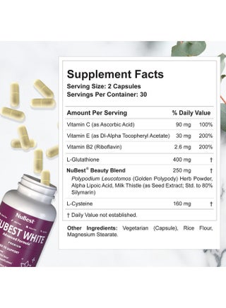 NuBest White Glutathione 400Mg & Milk Thistle Extract Skin Brightening Supplement Supports Beautiful And Radiant Skin Antioxidant & Detoxification 60 Vegan Capsules ; 1 Month Supply | Best Price UAE