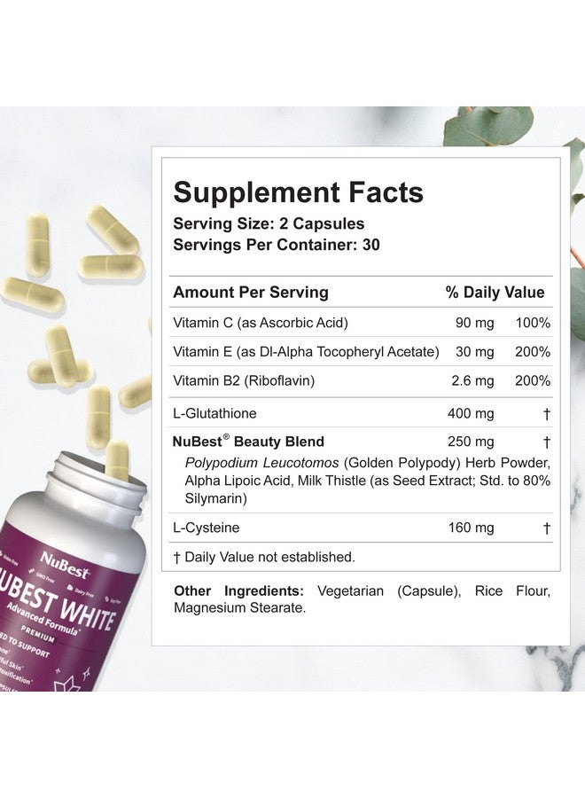 NuBest White Glutathione 400Mg & Milk Thistle Extract Skin Brightening Supplement Supports Beautiful And Radiant Skin Antioxidant & Detoxification 60 Vegan Capsules ; 1 Month Supply - Image 4