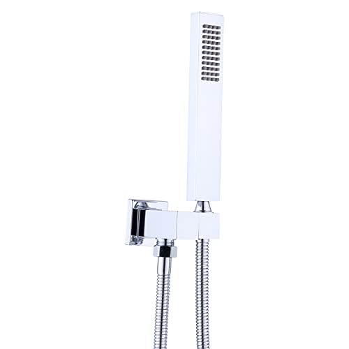 ENGA Square Solid Brass Hand Held Wand Shower Head with Wall Connector and Stainless Steel Hose Set, Chrome - Image 1
