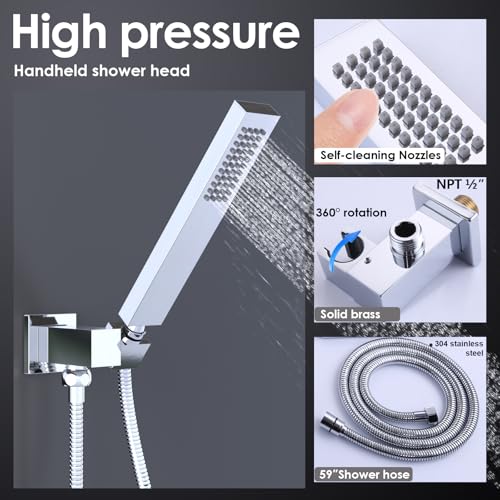 ENGA Square Solid Brass Hand Held Wand Shower Head with Wall Connector and Stainless Steel Hose Set, Chrome - Image 2