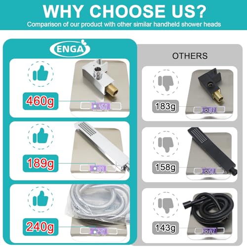 ENGA Square Solid Brass Hand Held Wand Shower Head with Wall Connector and Stainless Steel Hose Set, Chrome - Image 4