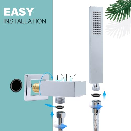ENGA Square Solid Brass Hand Held Wand Shower Head with Wall Connector and Stainless Steel Hose Set, Chrome - Image 5