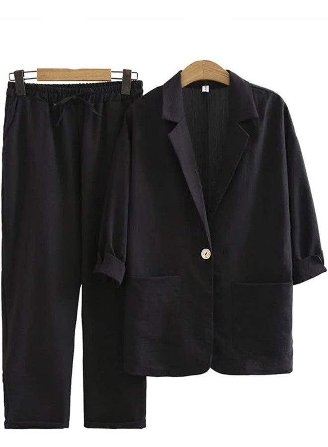 European And American New Women's Autumn Commuter Suit Cotton And Linen Jacket Pants Pocket Loose Fashion Casual Wear
