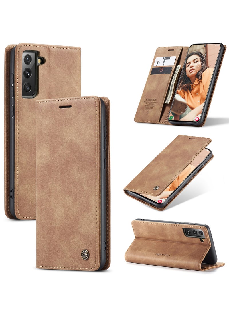 CaseMe CaseMe Samsung Galaxy S21FE Case Wallet, for Samsung Galaxy S21FE Wallet Case Book Folding Flip Folio Case with Magnetic Kickstand Card Slots Protective Cover - Brown  - Image 1