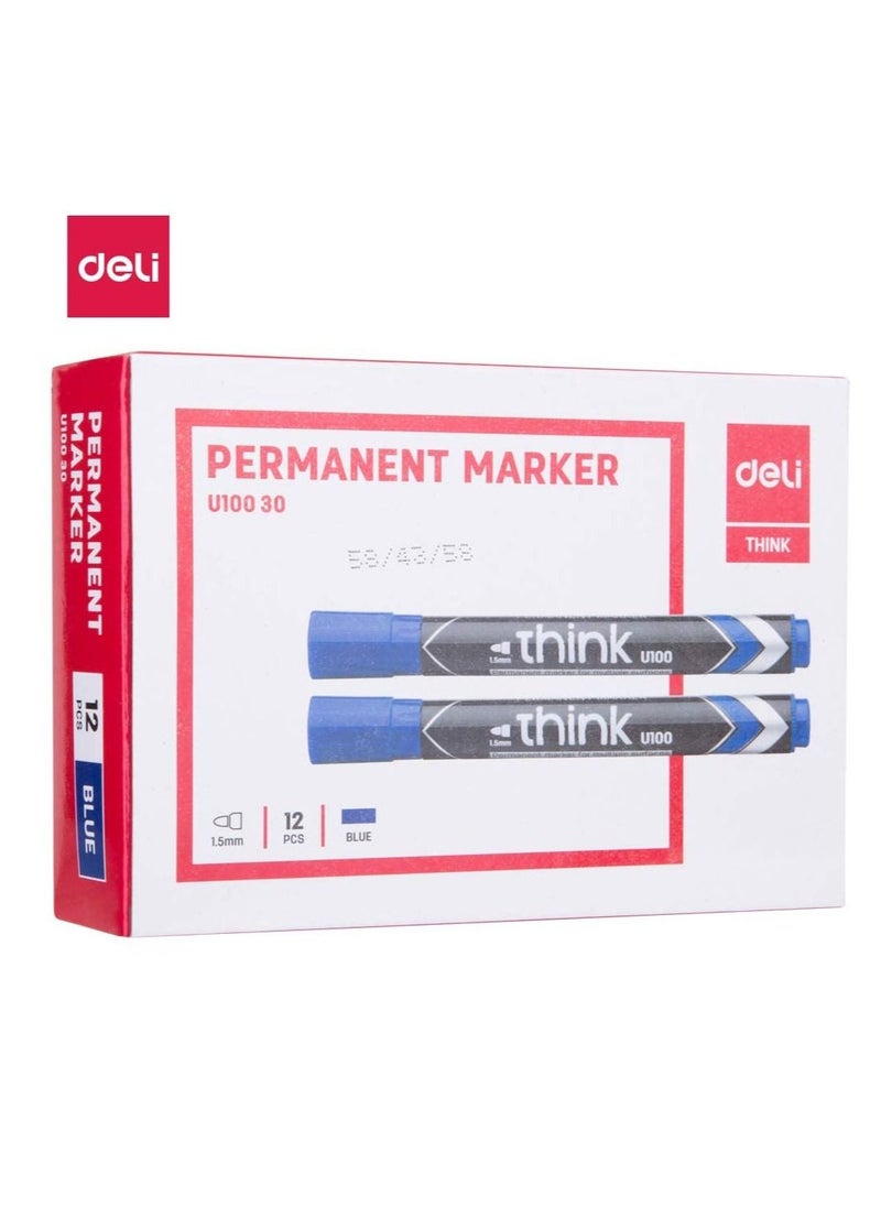 Deli 12-Piece Permanent Marker Bullet Tip Blue Ink  - Image 1