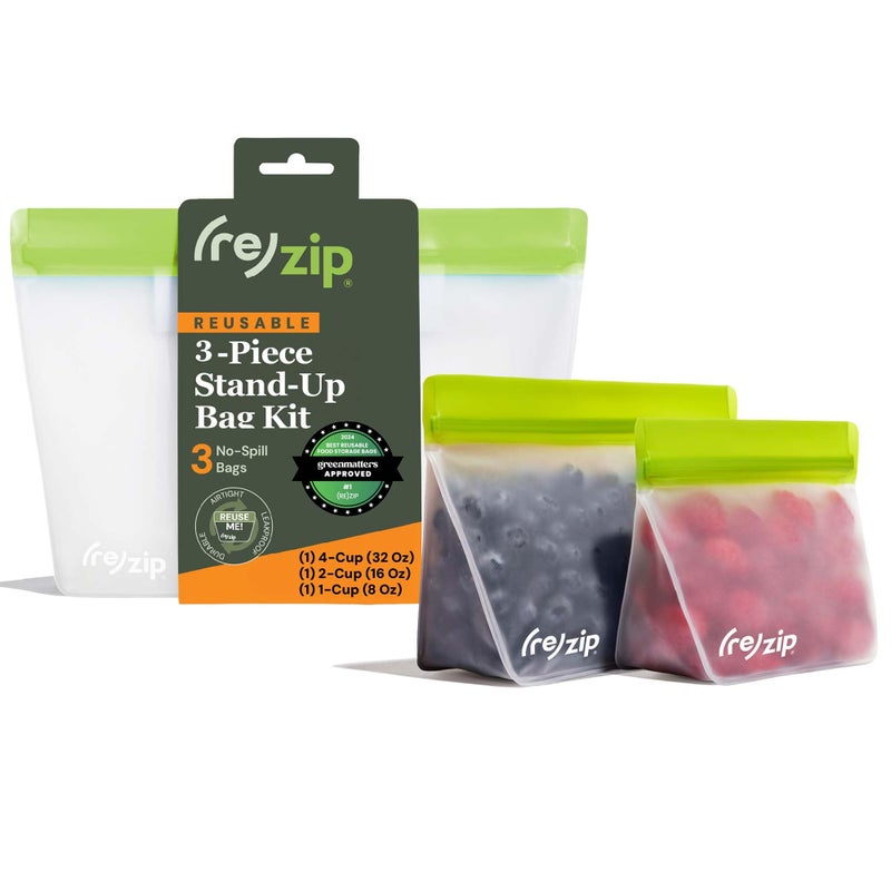 re zip 3Piece StandUp Reusable Bag Kit  BPAFree Food Grade Leakproof Freezer and Dishwasher Safe  Quart 1 2Cup 1 Snack 1  Green