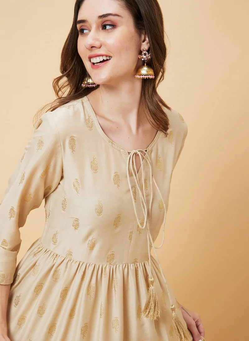globus Globus Women Ethnic Motifs Printed Tie-Up Neck A-Line Midi Ethnic Dress